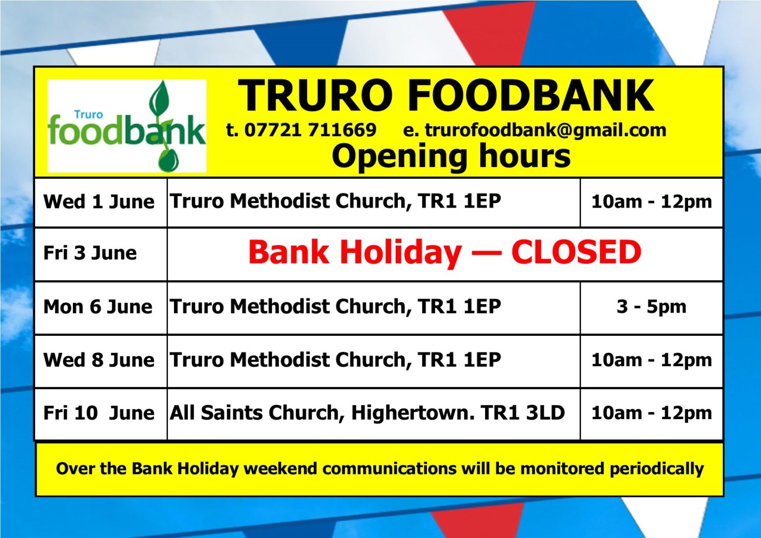 We’re closed on Jubilee Bank Holiday (Friday 3 June) Truro Foodbank
